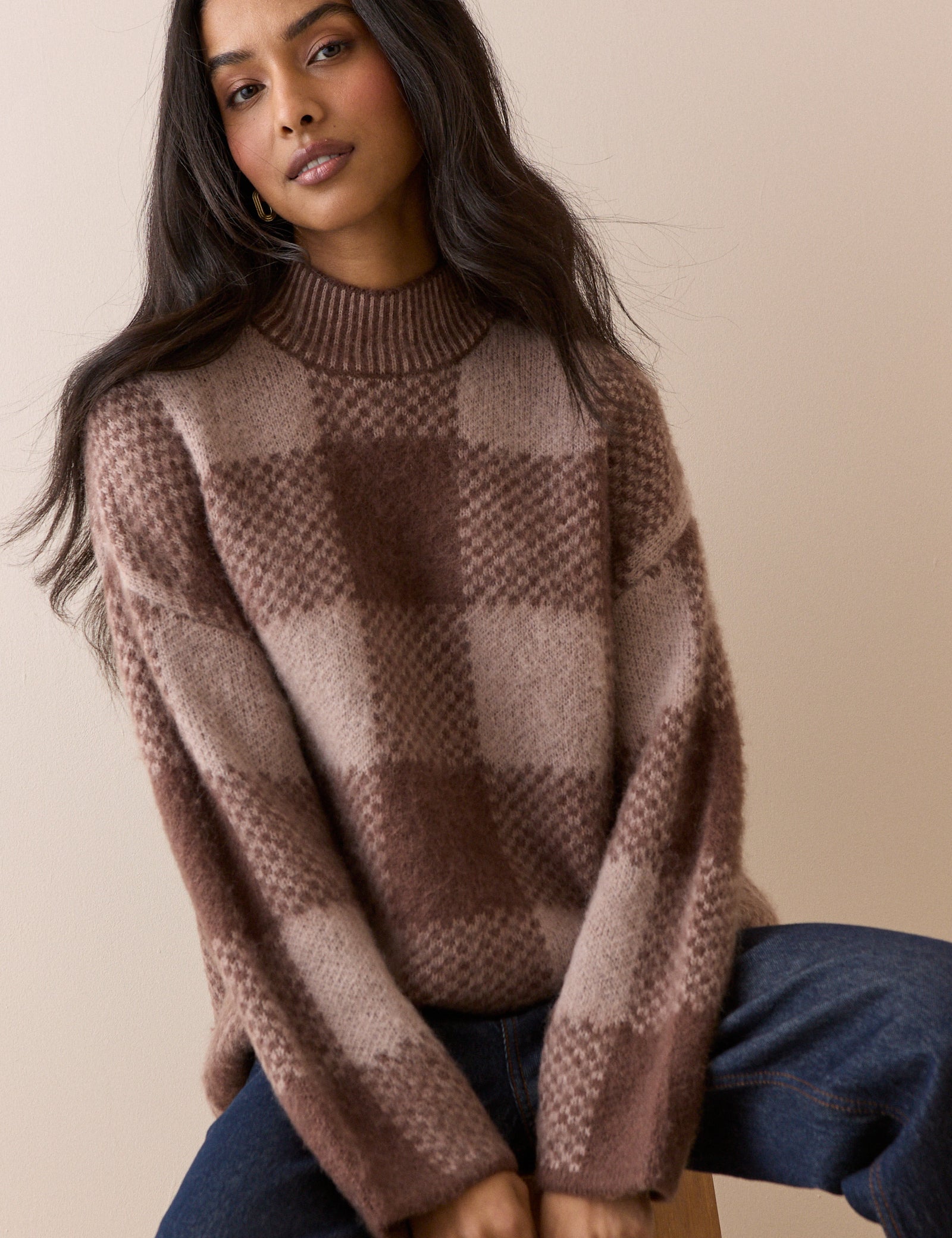 Brown Check Brushed Funnel Neck Jumper