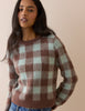 Blue and Brown Check Brushed Crew Neck Jumper