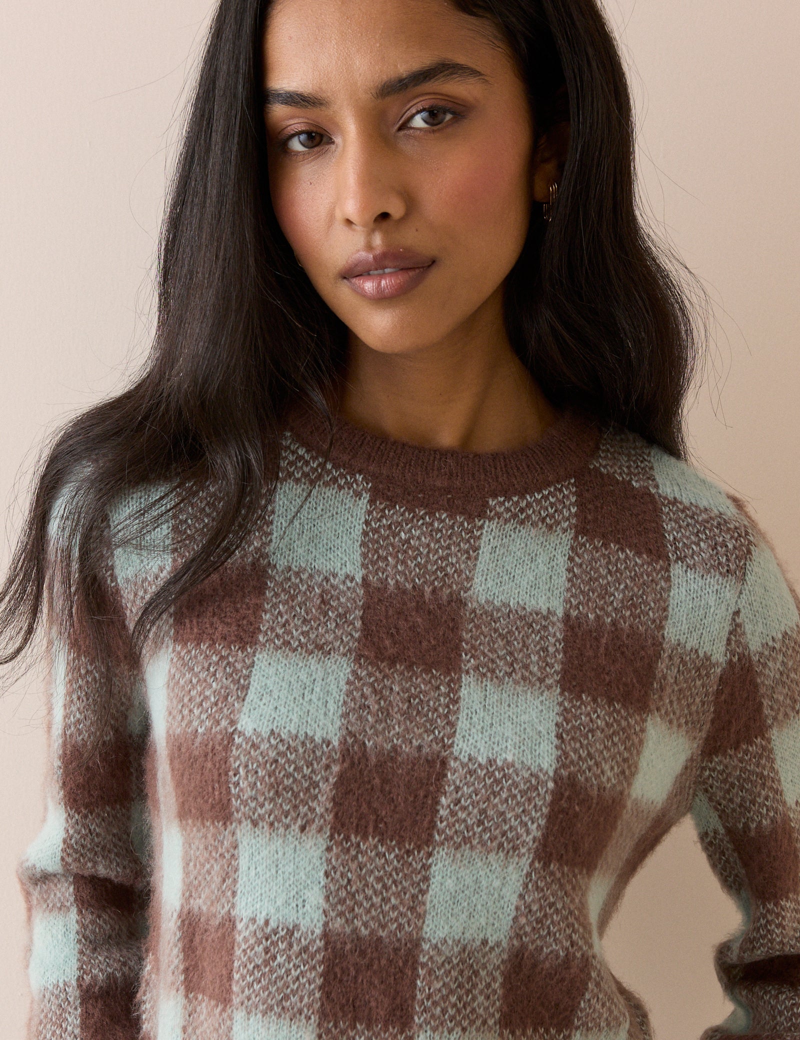 Blue and Brown Check Brushed Crew Neck Jumper