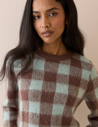 Blue and Brown Check Brushed Crew Neck Jumper