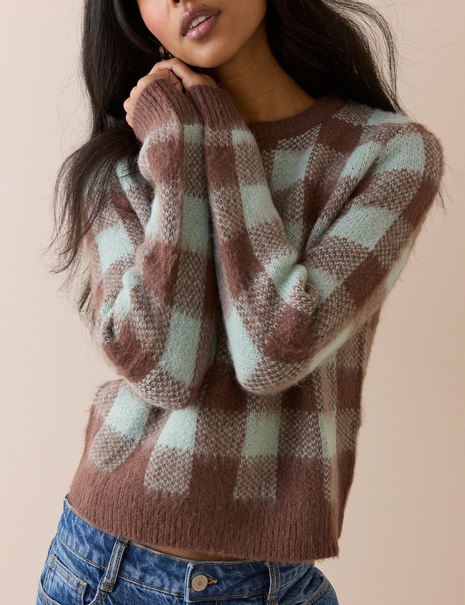 Blue and Brown Check Brushed Crew Neck Jumper