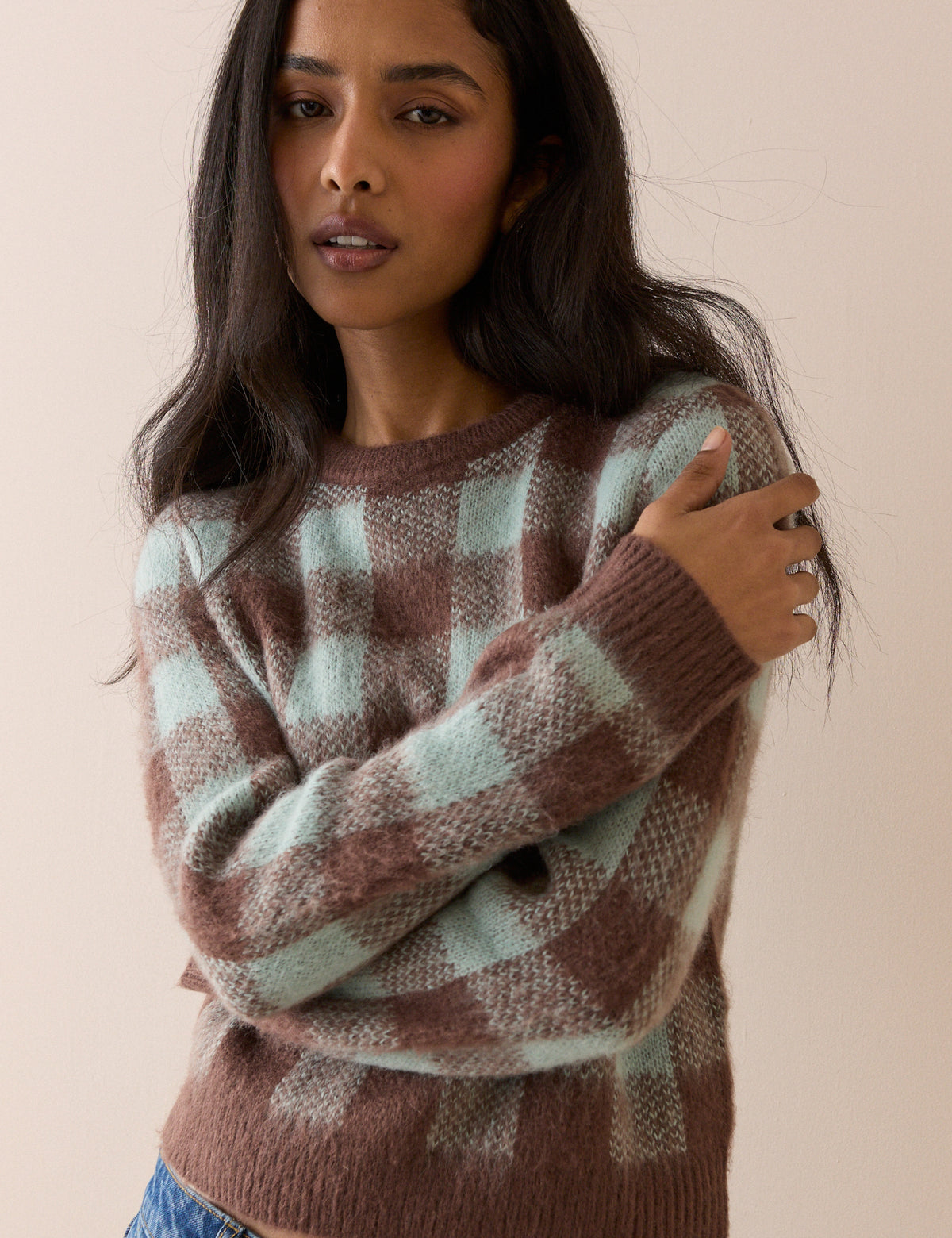 Blue and Brown Check Brushed Crew Neck Jumper