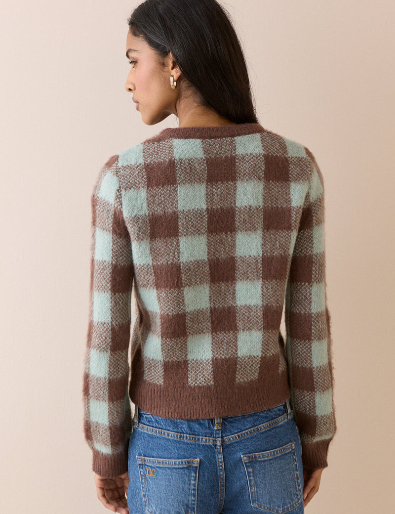 Blue and Brown Check Brushed Crew Neck Jumper