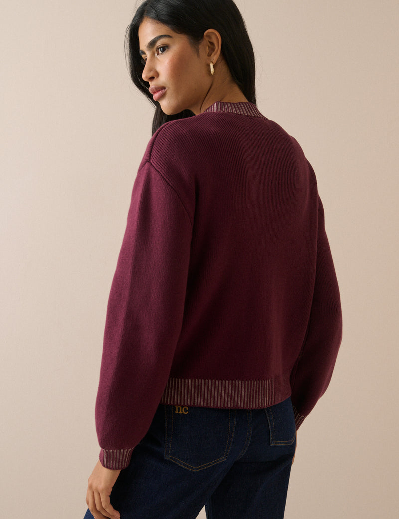 Burgundy Knitted Bomber Jacket