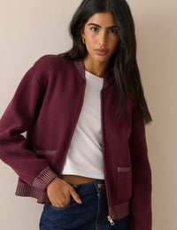 Burgundy Knitted Bomber Jacket