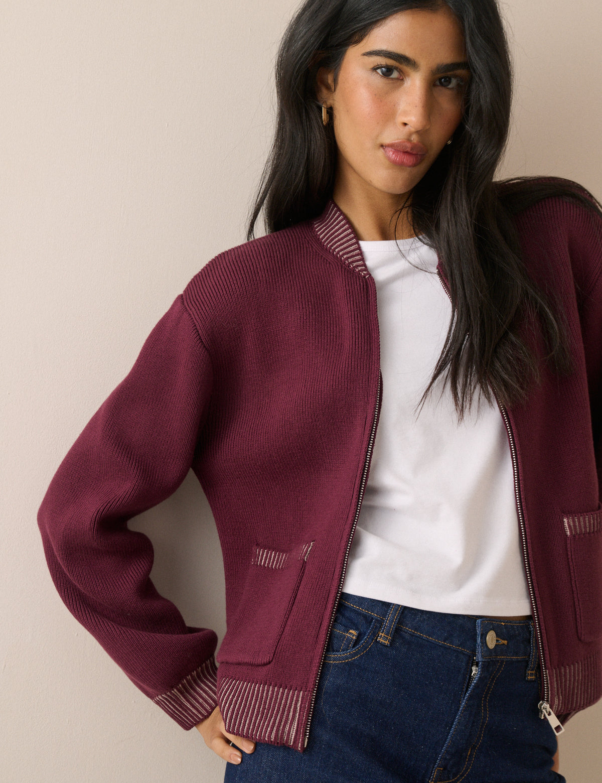 Burgundy Knitted Bomber Jacket