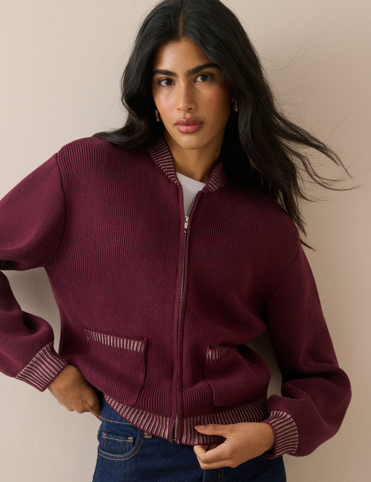 Burgundy Knitted Bomber Jacket