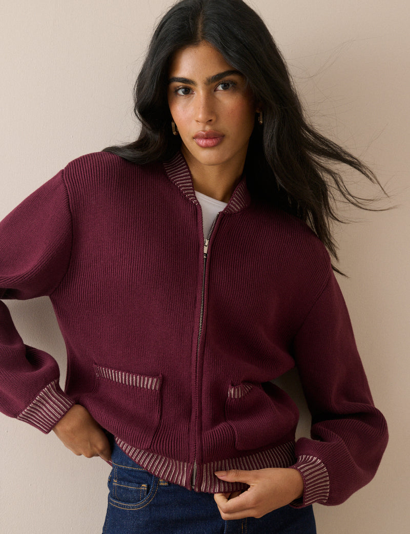 Burgundy Knitted Bomber Jacket