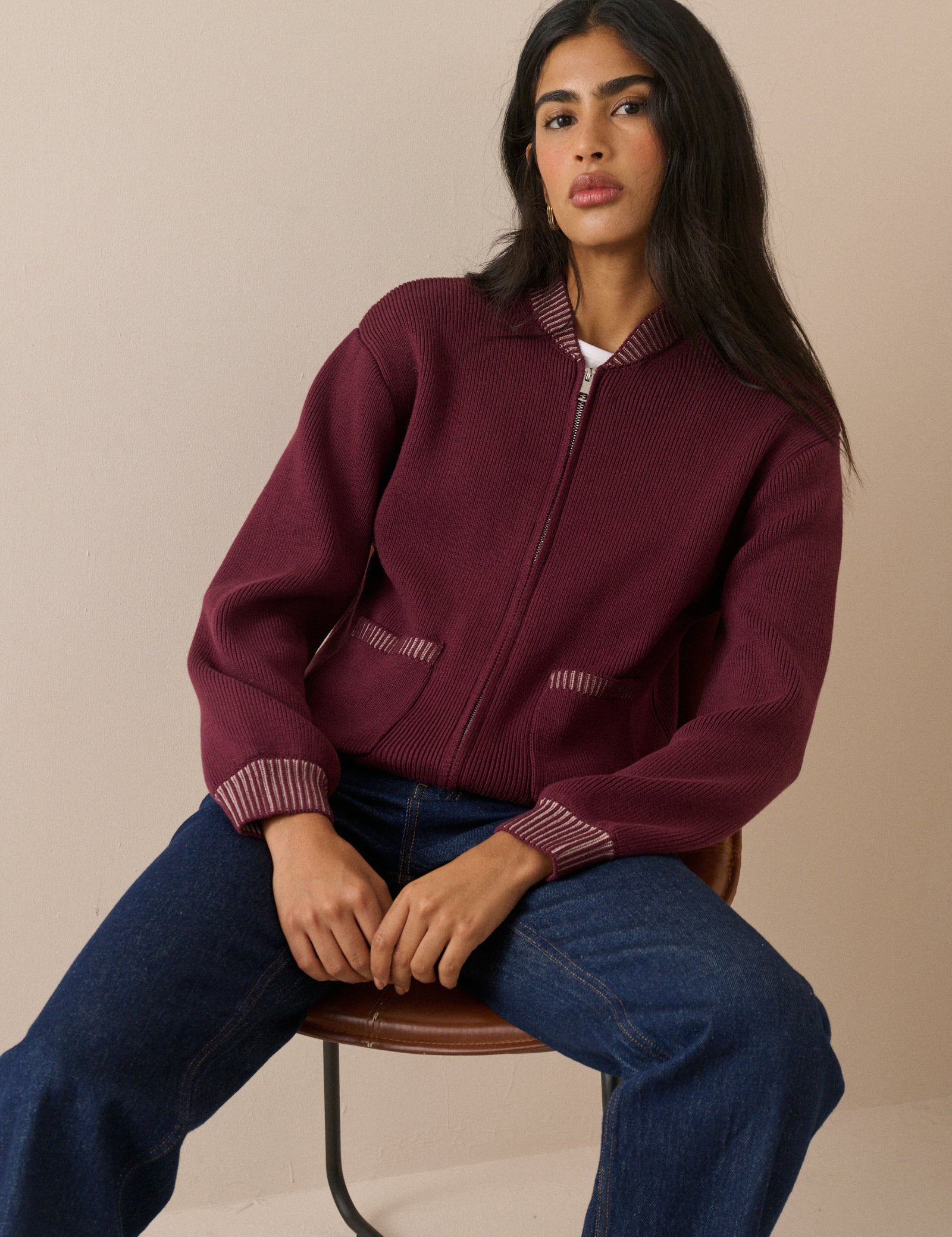 Burgundy Knitted Bomber Jacket