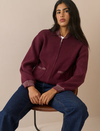 Burgundy Knitted Bomber Jacket