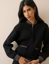 Black Knitted Bomber Jacket