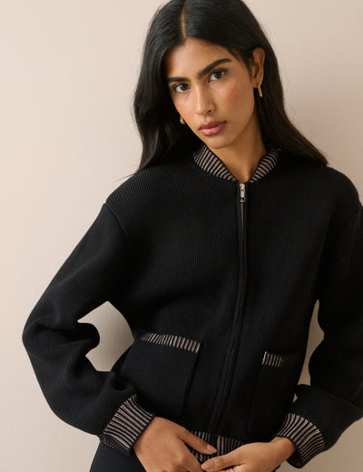 Black Knitted Bomber Jacket