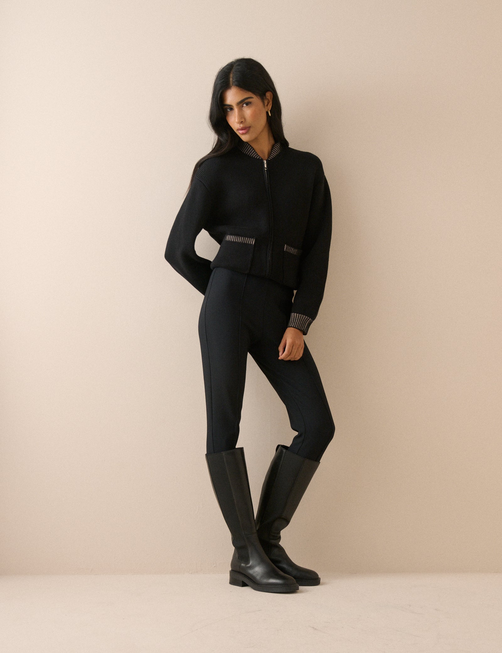 Black Knitted Bomber Jacket