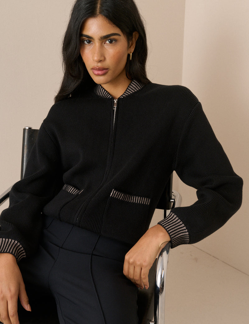 Black Knitted Bomber Jacket
