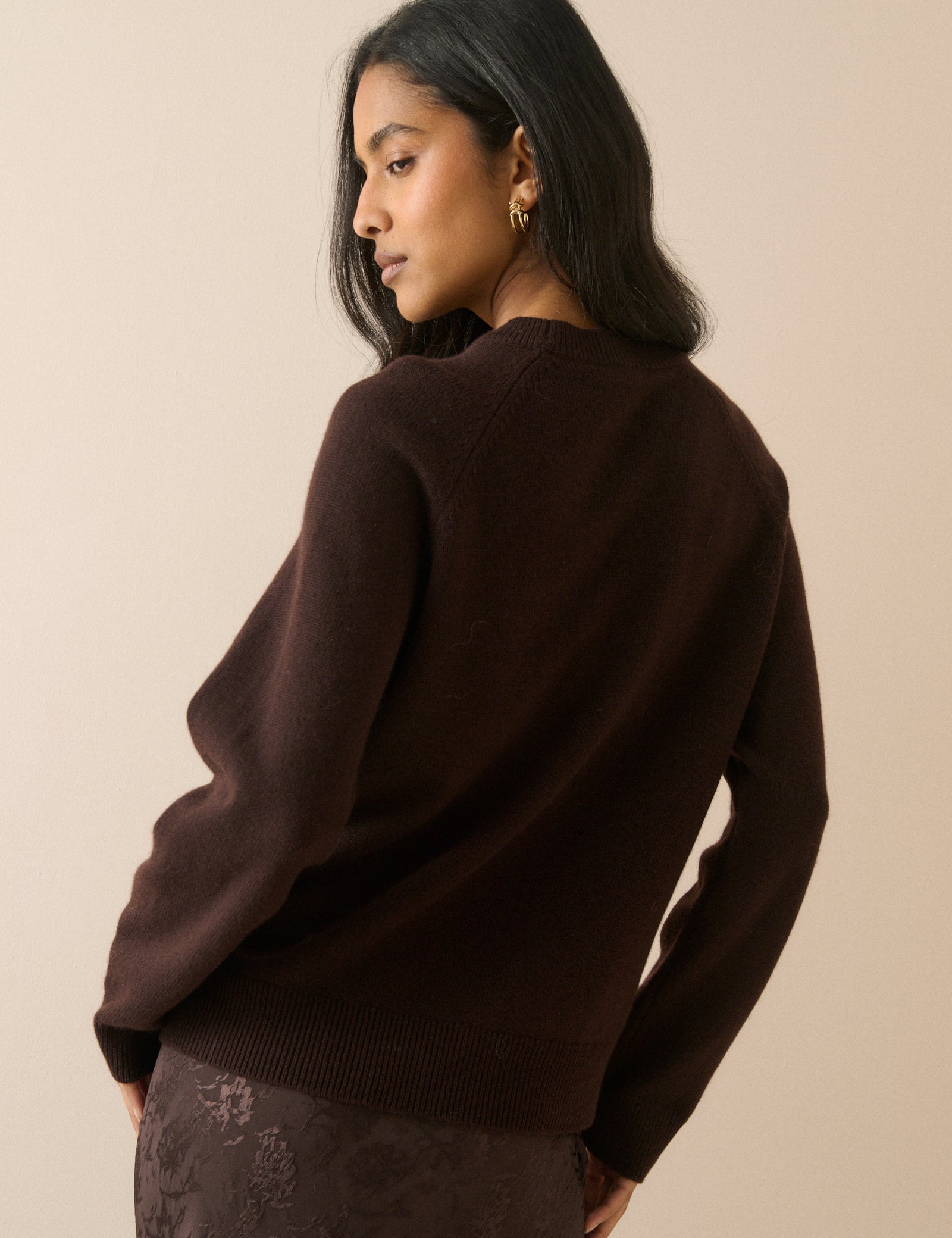 Brown Ribbed Trim Wool Jumper