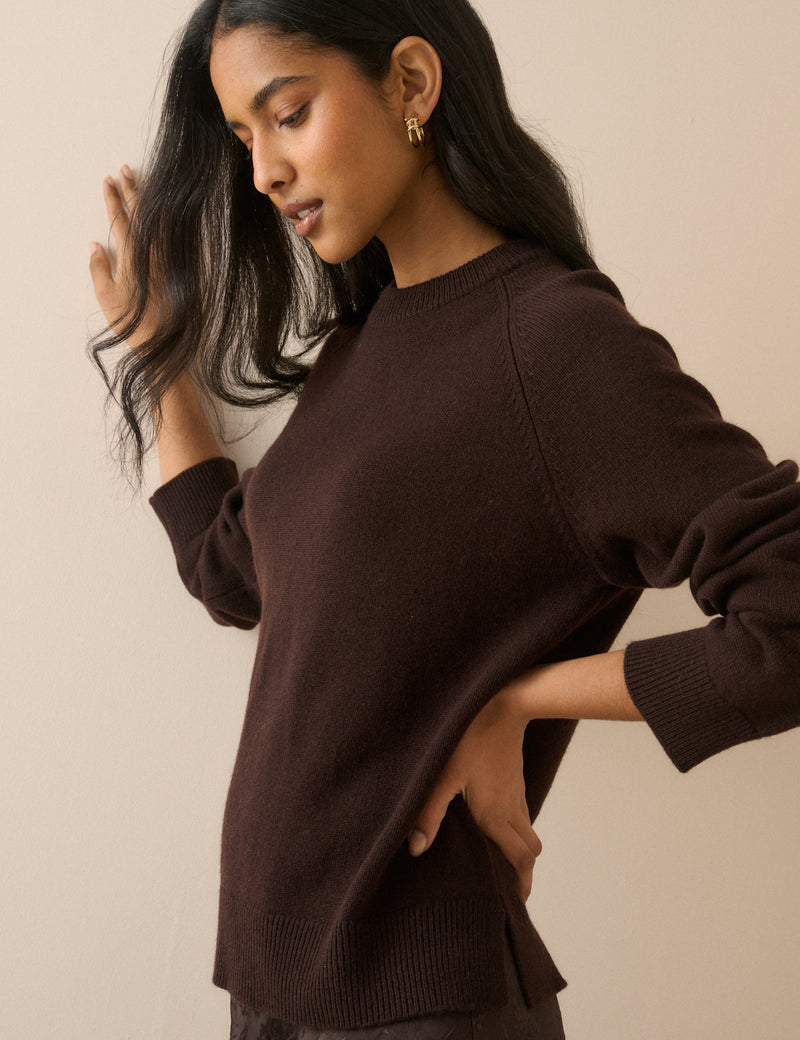 Brown Ribbed Trim Wool Jumper