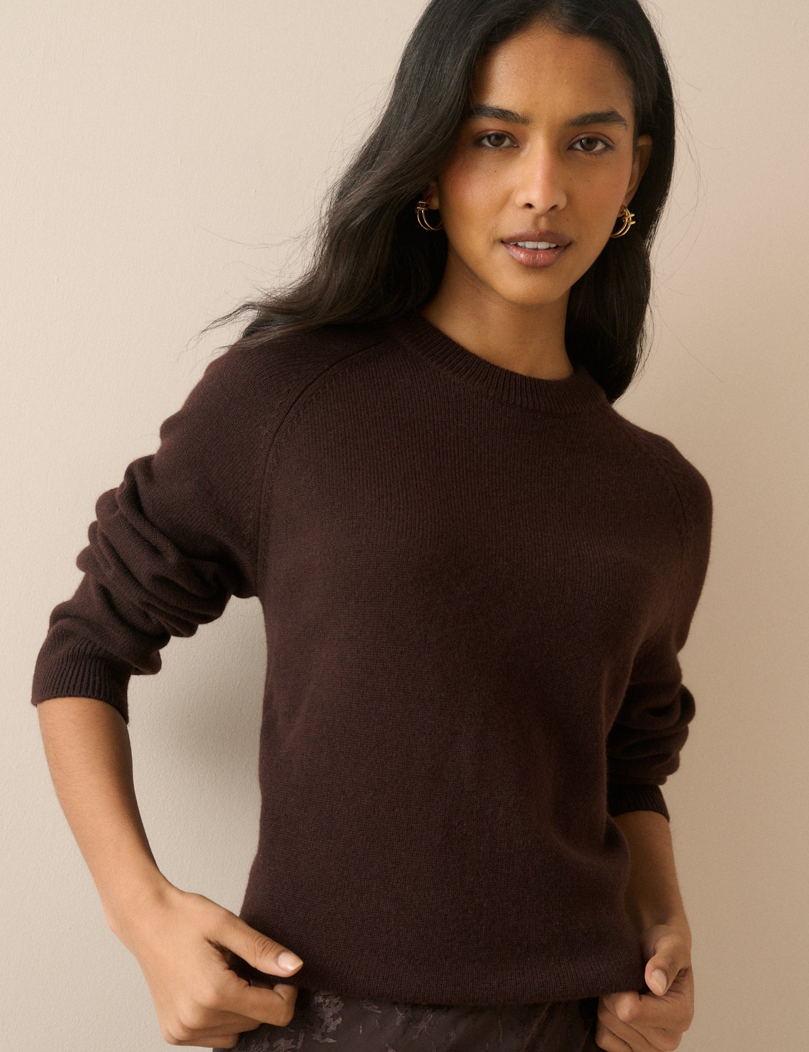 Brown Ribbed Trim Wool Jumper