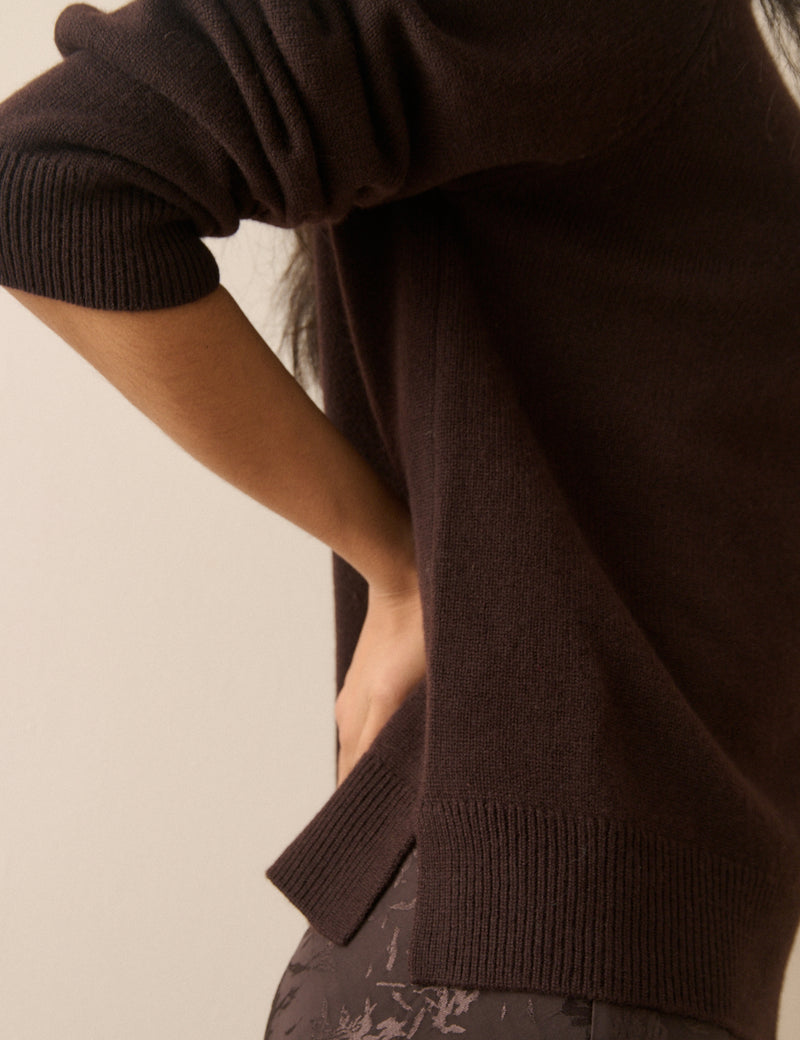Brown Ribbed Trim Wool Jumper