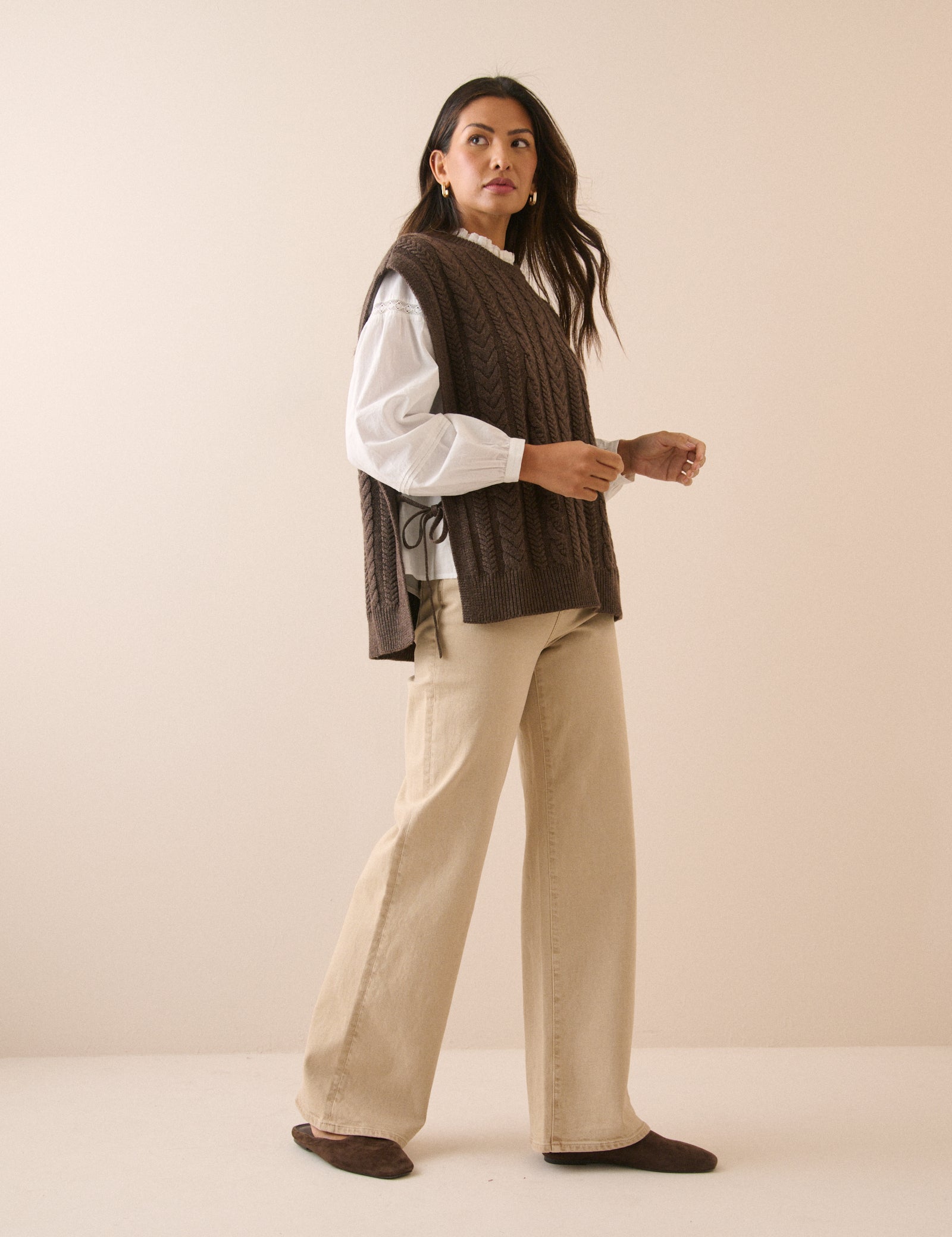 Chocolate Brown Wool-Blend Cable Knit Vest