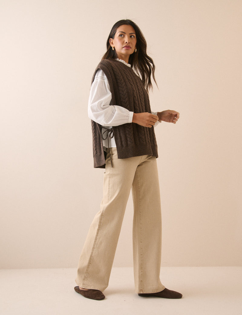 Chocolate Brown Wool-Blend Cable Knit Vest