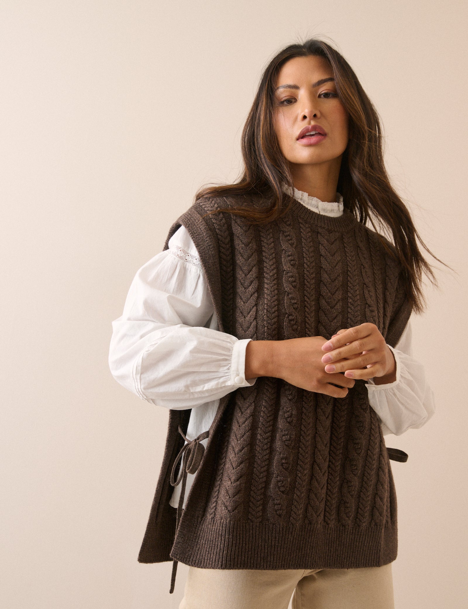 Chocolate Brown Wool-Blend Cable Knit Vest