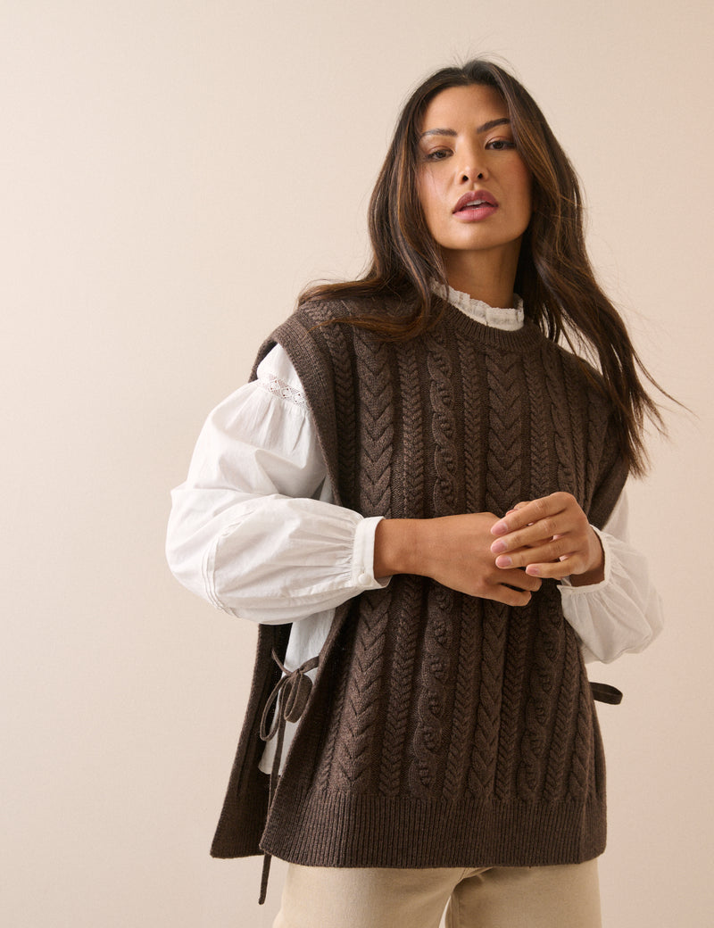 Chocolate Brown Wool-Blend Cable Knit Vest