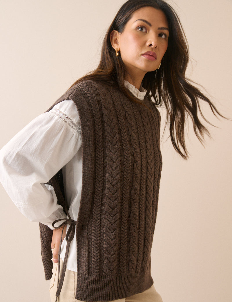 Chocolate Brown Wool-Blend Cable Knit Vest