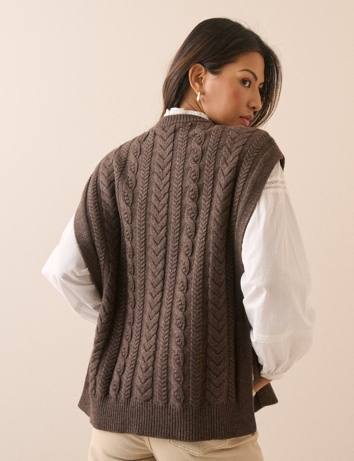 Chocolate Brown Wool-Blend Cable Knit Vest