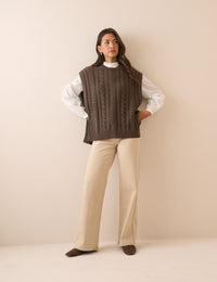 Chocolate Brown Wool-Blend Cable Knit Vest