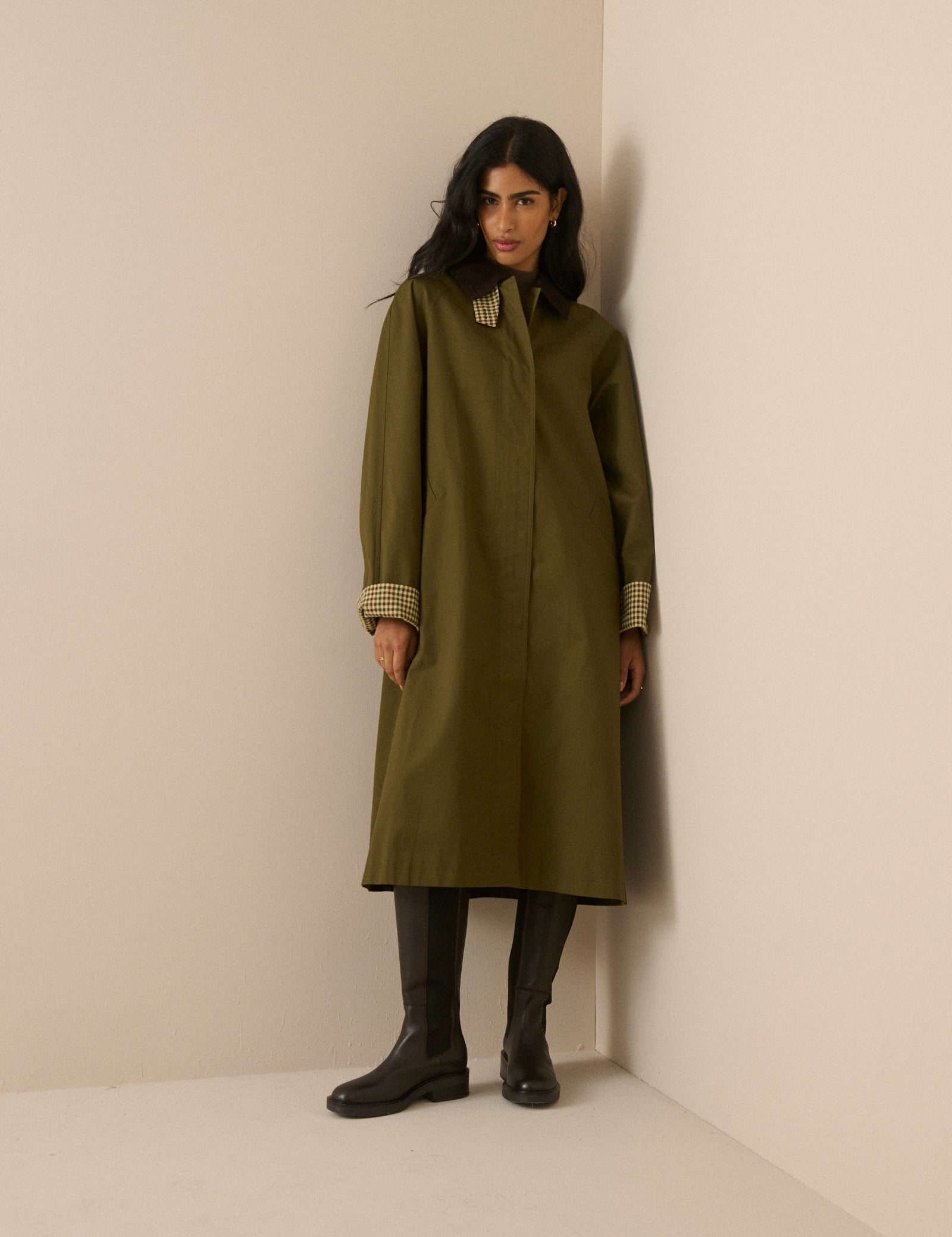 Khaki Cord Detail Long Barn Coat