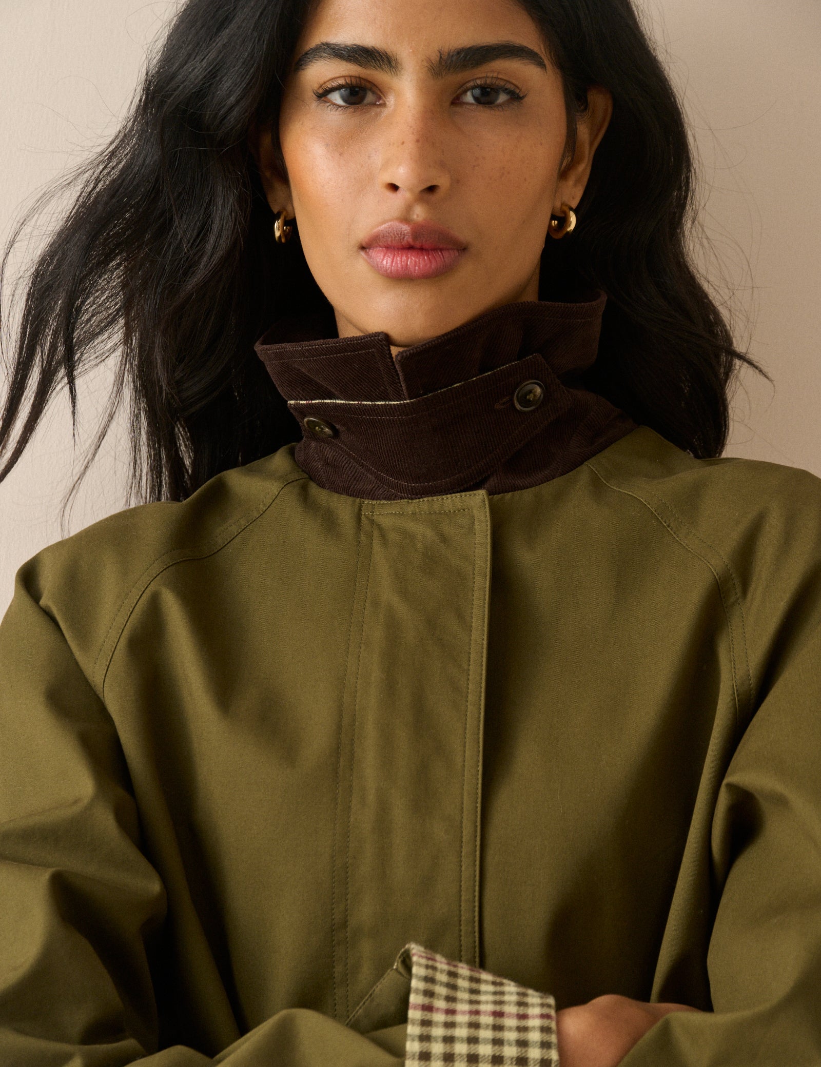Khaki Cord Detail Long Barn Coat