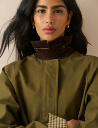 Khaki Cord Detail Long Barn Coat