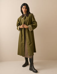 Khaki Cord Detail Long Barn Coat