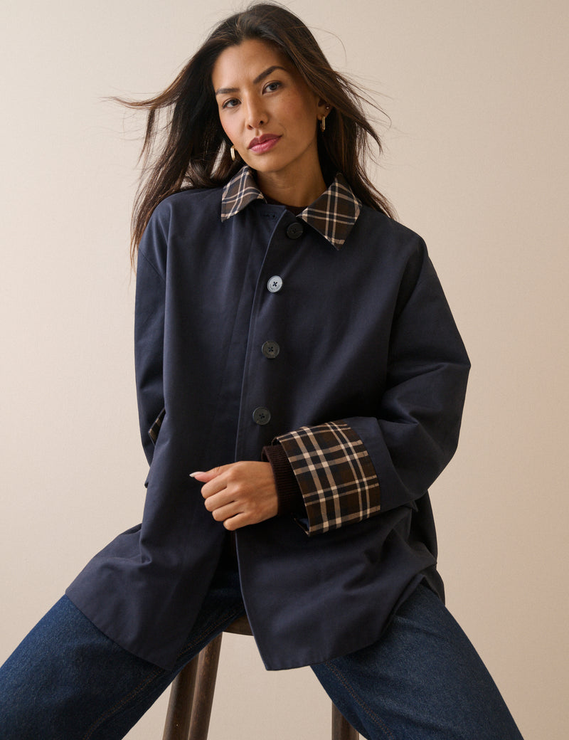 Navy Tartan Trim Country Jacket