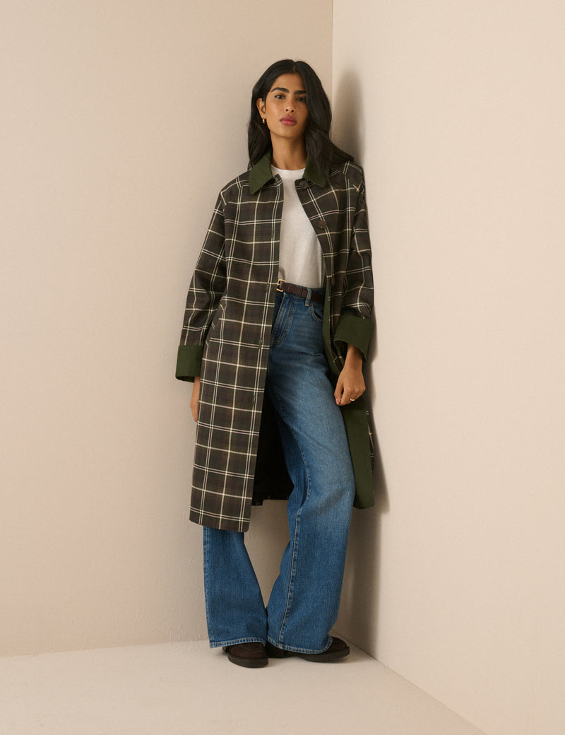 Brown and Green Tartan Collared Car Coat