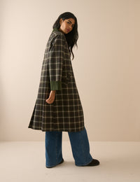 Brown and Green Tartan Collared Car Coat