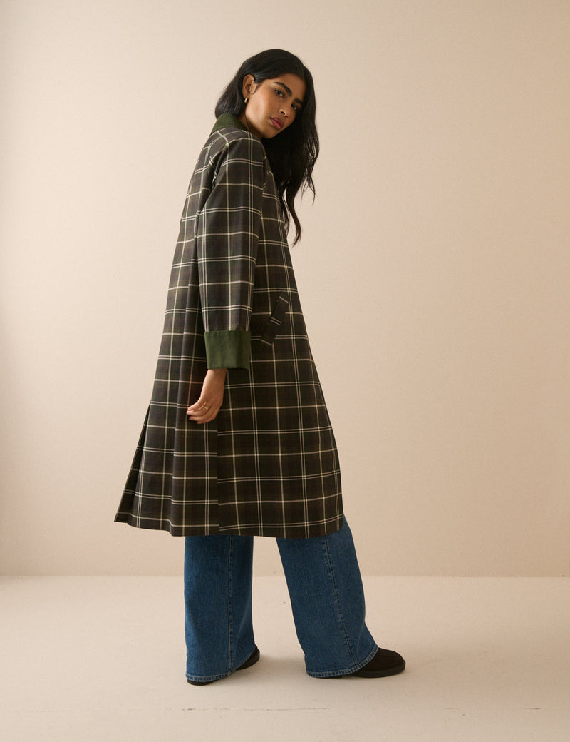 Brown and Green Tartan Collared Car Coat