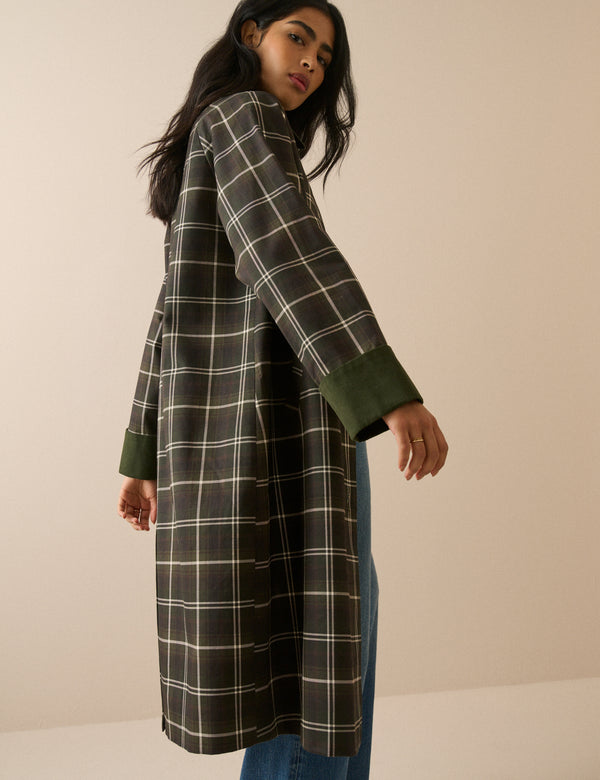 Brown and Green Tartan Collared Car Coat