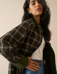 Brown and Green Tartan Collared Car Coat
