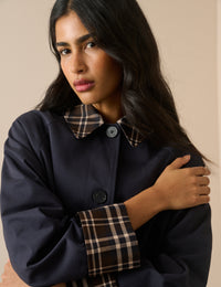 Navy Collared Tartan Trim Car Coat
