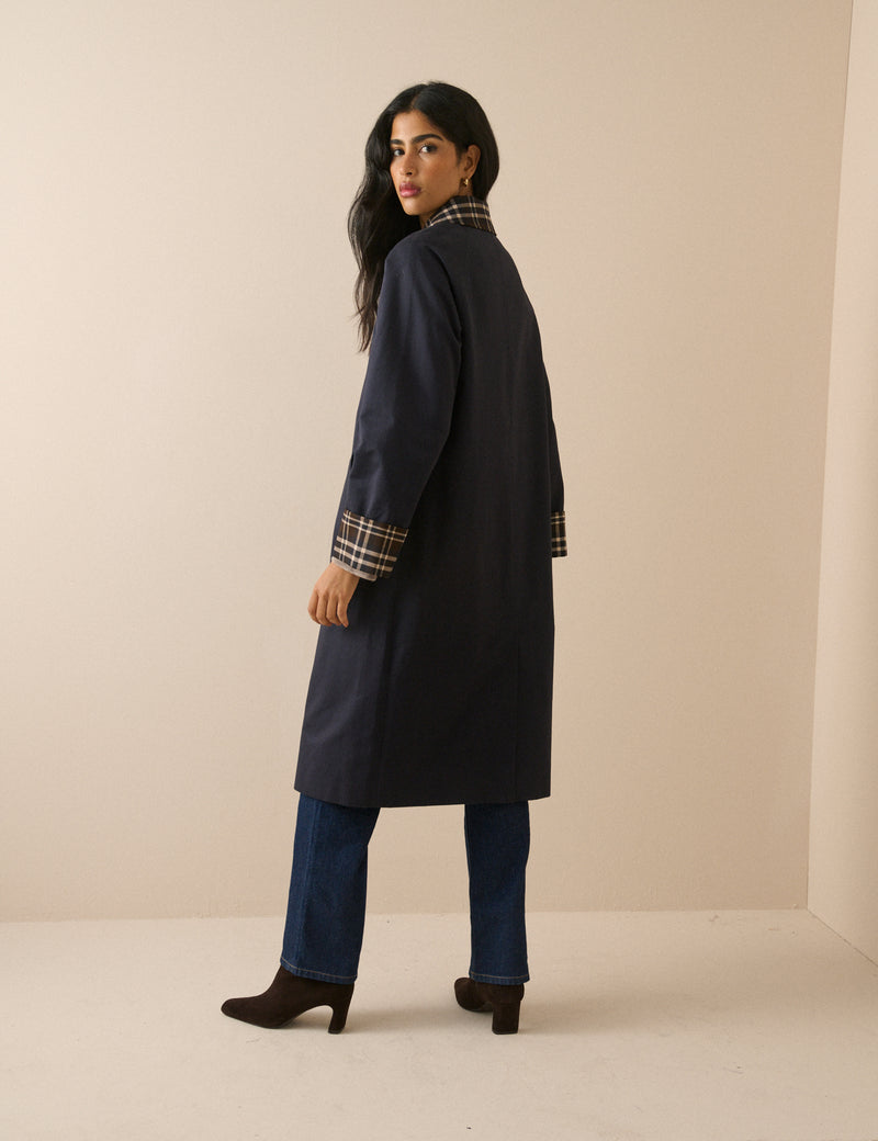 Navy Collared Tartan Trim Car Coat