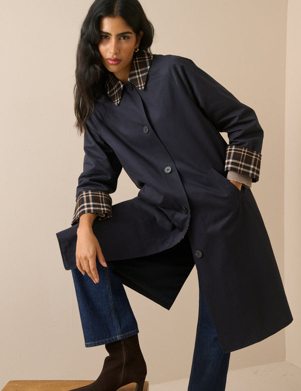Navy Collared Tartan Trim Car Coat