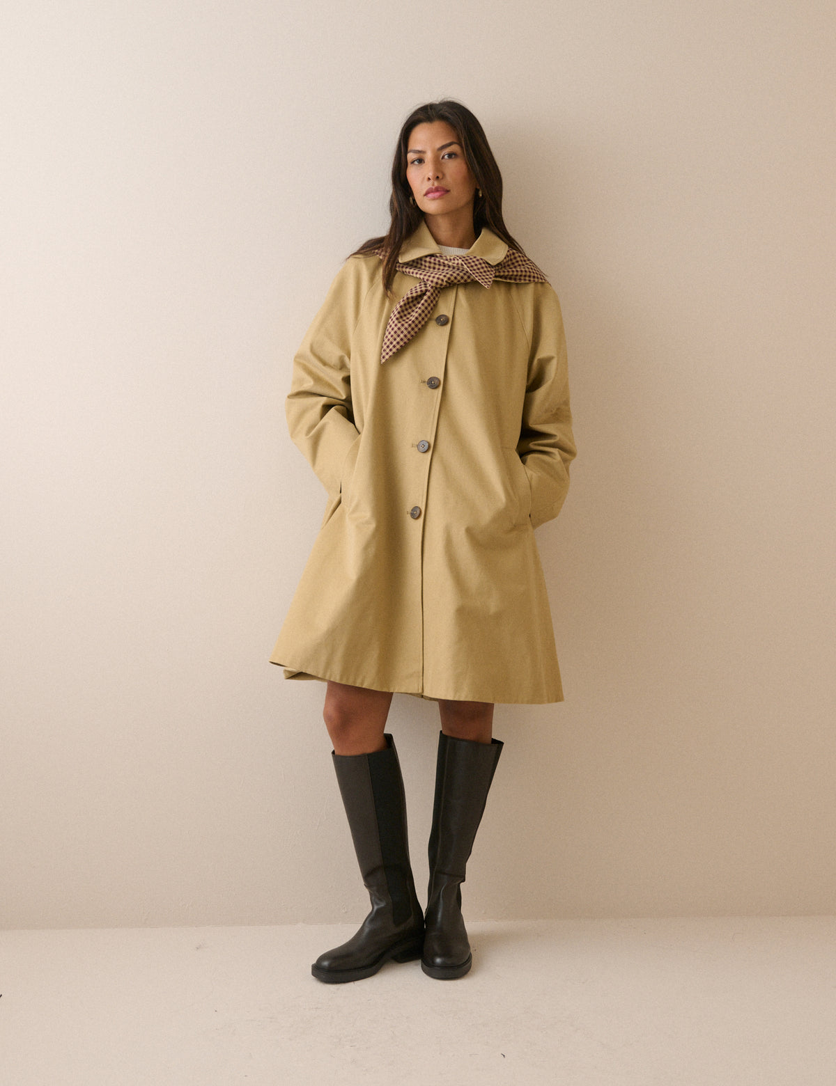 Camel Contrast Hood Trench Coat