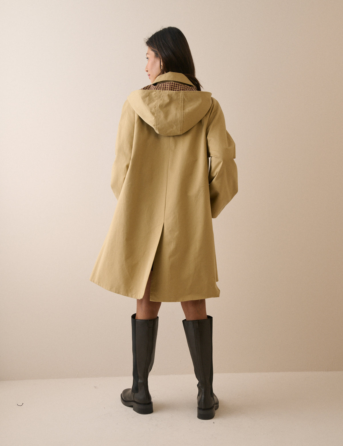 Camel Contrast Hood Trench Coat
