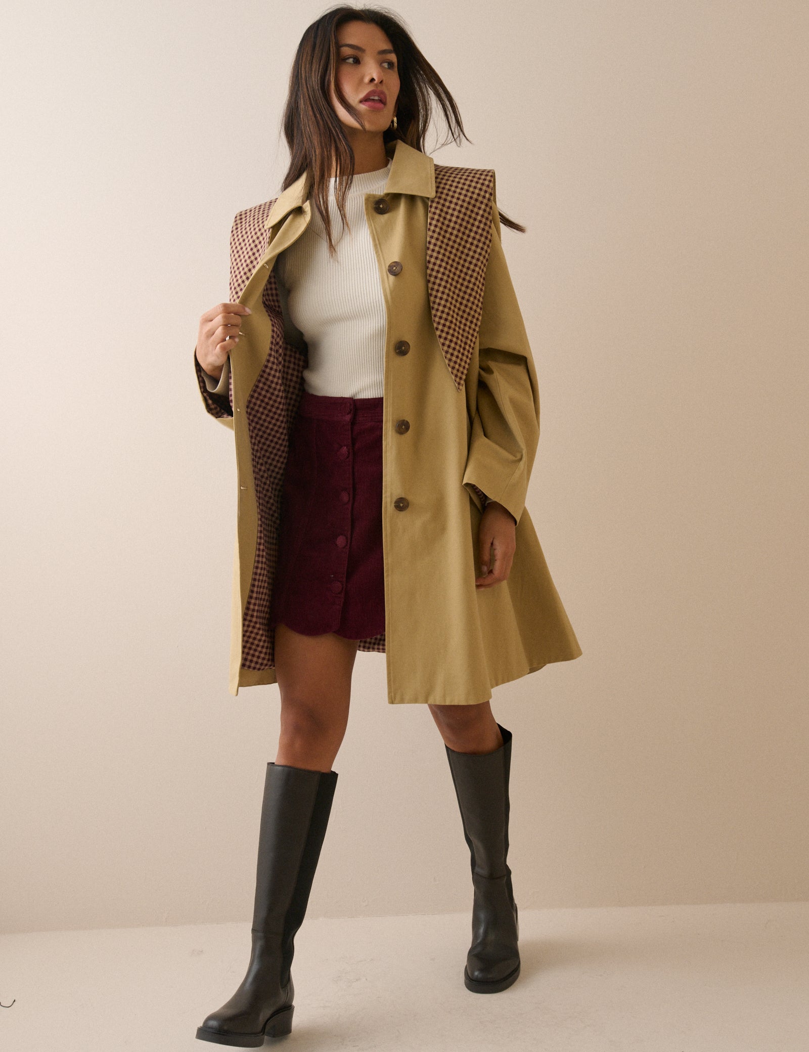Camel Contrast Hood Trench Coat