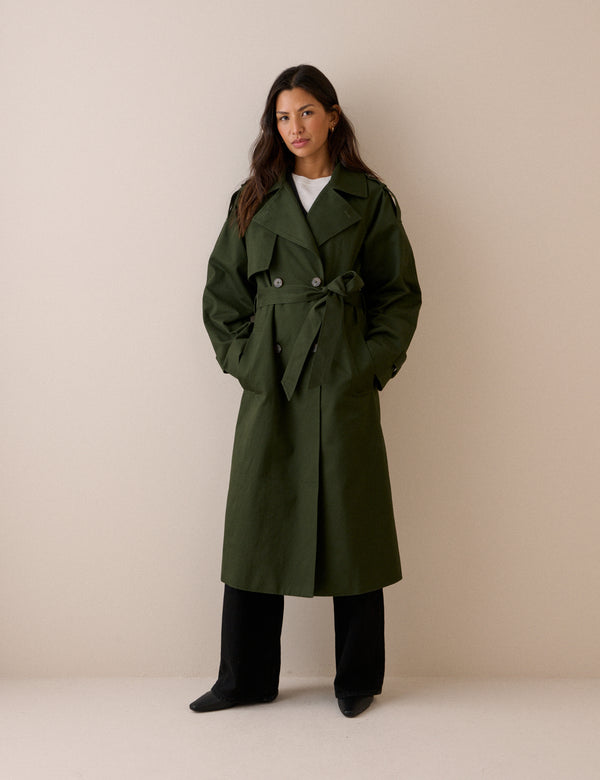 Khaki Double-Breasted Relaxed Fit Trench Coat