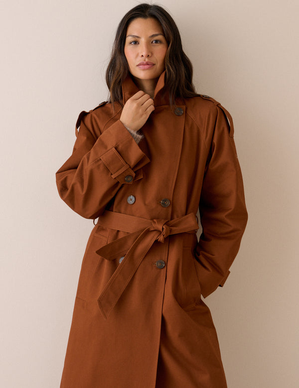 Rust Double-Breasted Relaxed Fit Trench Coat