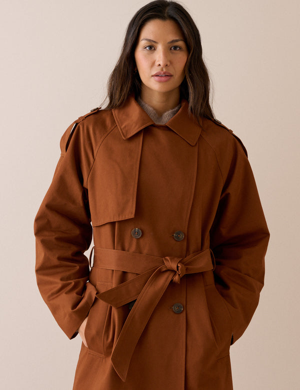 Rust Double-Breasted Relaxed Fit Trench Coat