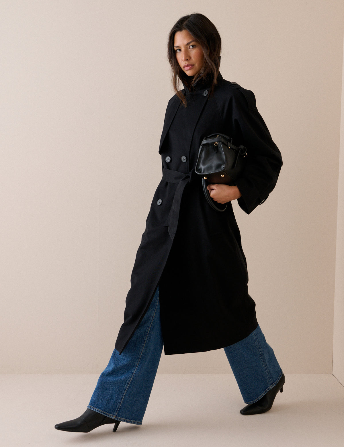 Black Double-Breasted Relaxed Fit Trench Coat