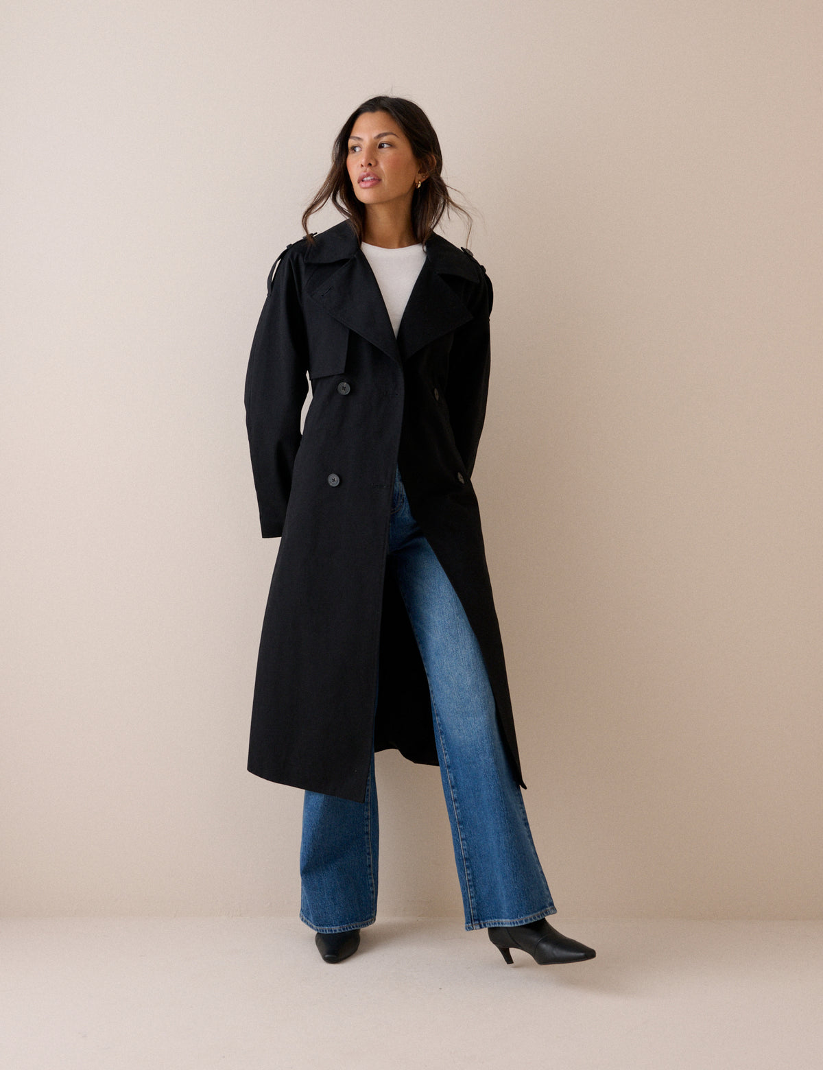 Black Double-Breasted Relaxed Fit Trench Coat